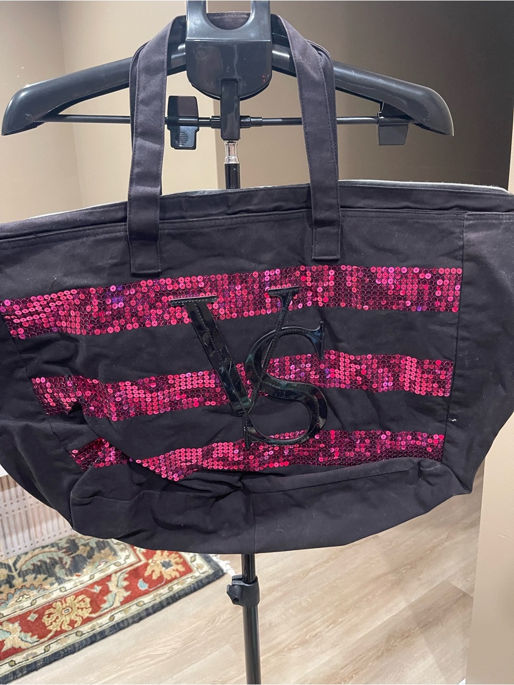 Victoria's Secret Black Tote with Pink Sequin Stripes